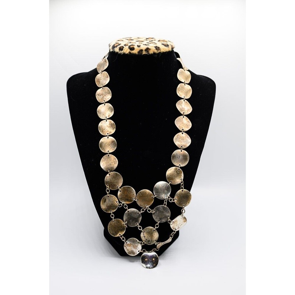 Silver Tone round hammered style disc bohemian Bib Statement Necklace 16-19"